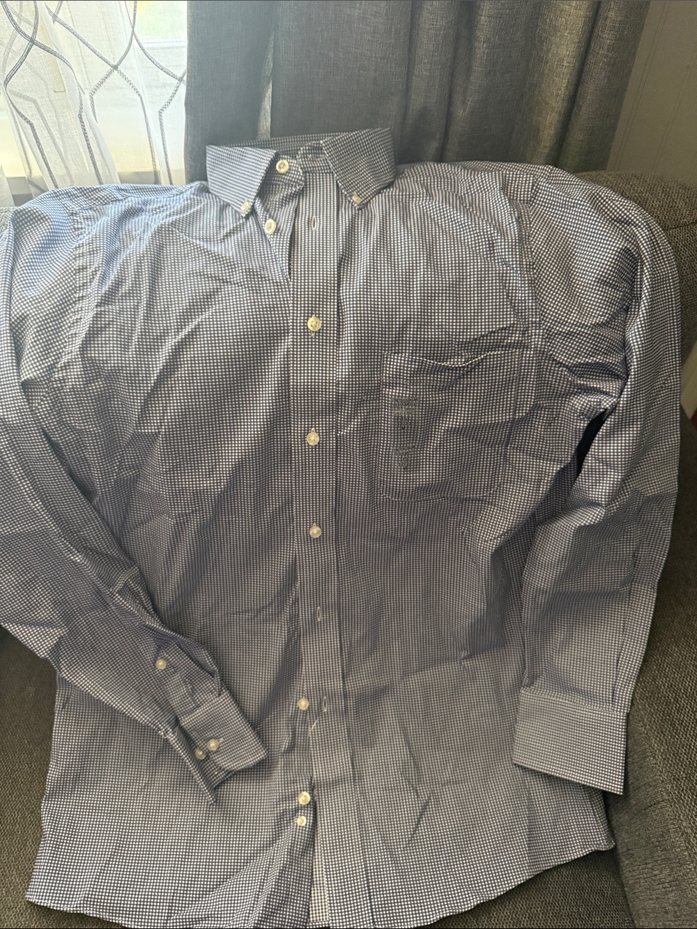 Chaps Navy and White Micro-Check Button-Down Dress Shirt 15 32/33